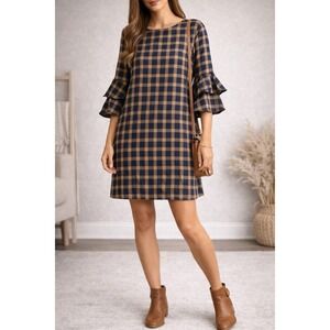 BeachLunchLounge Plaid Dress Women's Small Brown Blue Bell Sleeve Cotton Boho
